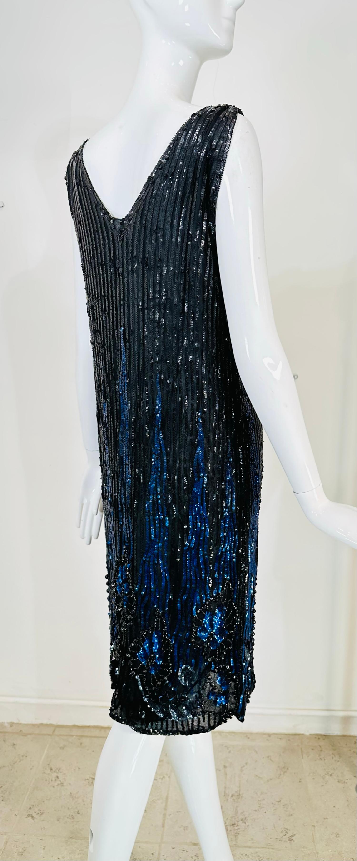 Women's 1920s Black & Blue Flame Sequin Flapper Dress For Sale