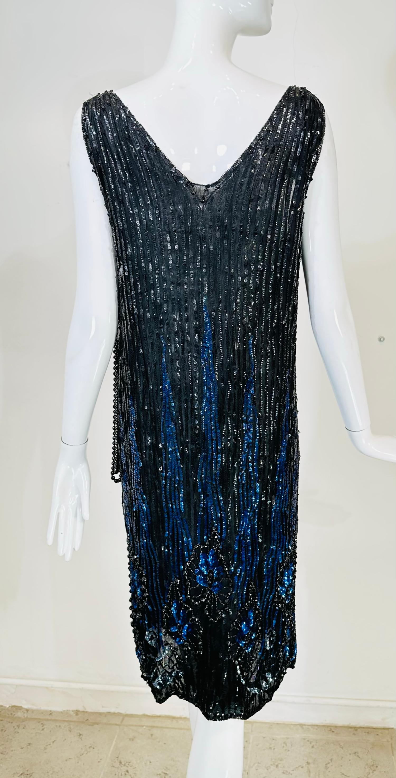 1920s Black & Blue Flame Sequin Flapper Dress For Sale 1