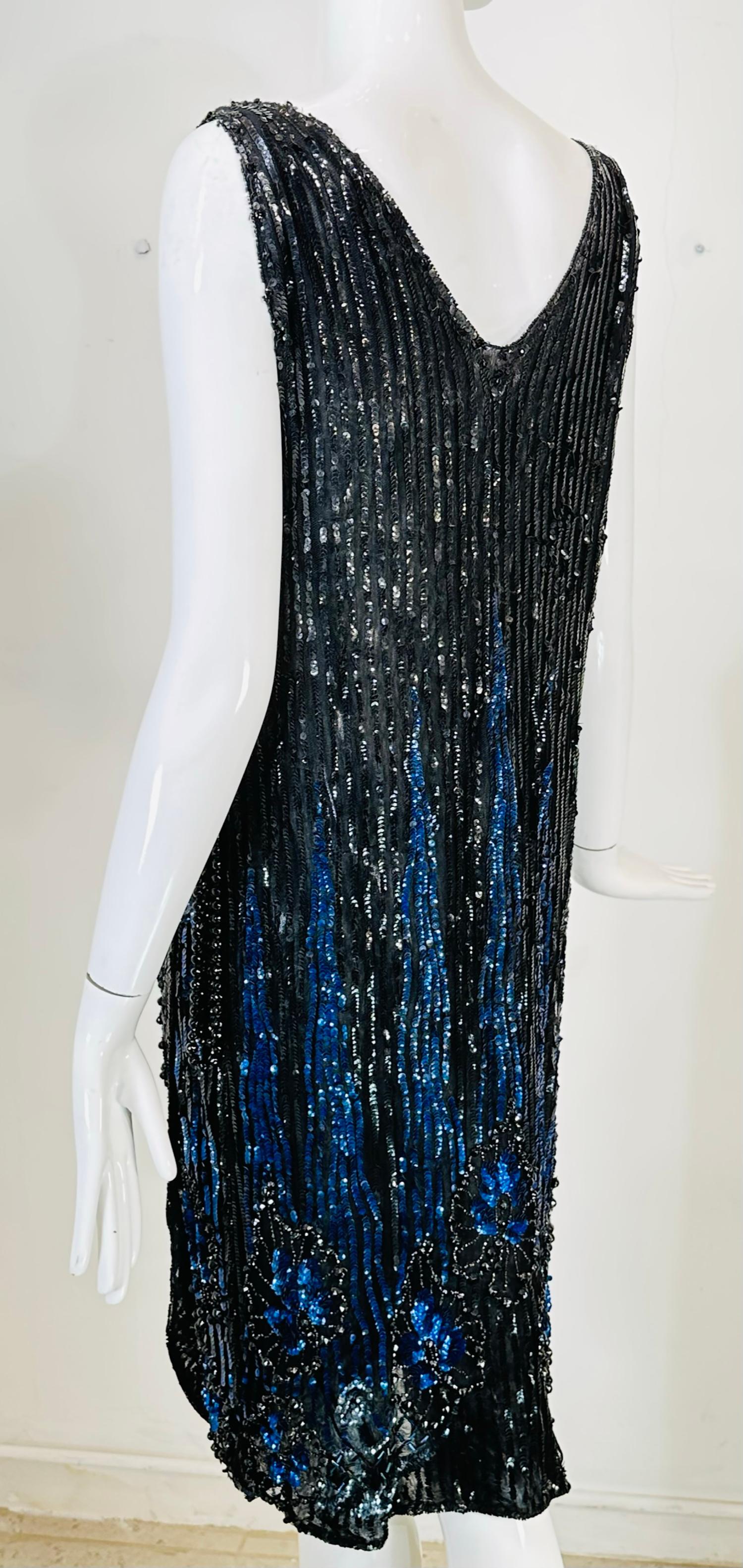 1920s Black & Blue Flame Sequin Flapper Dress For Sale 2