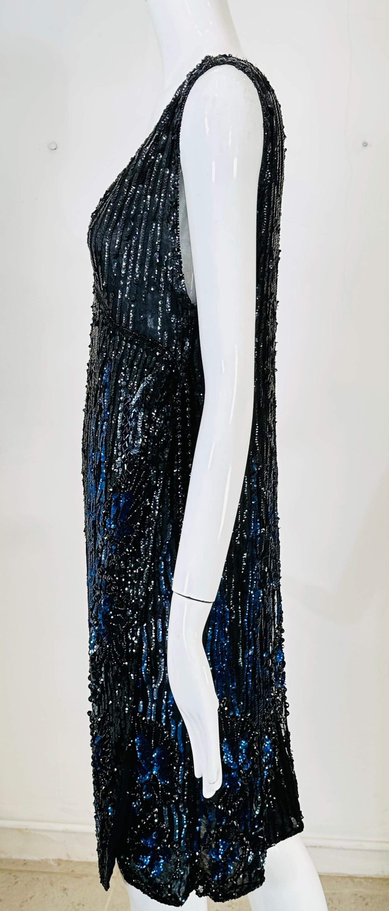 1920s Black & Blue Flame Sequin Flapper Dress For Sale 3