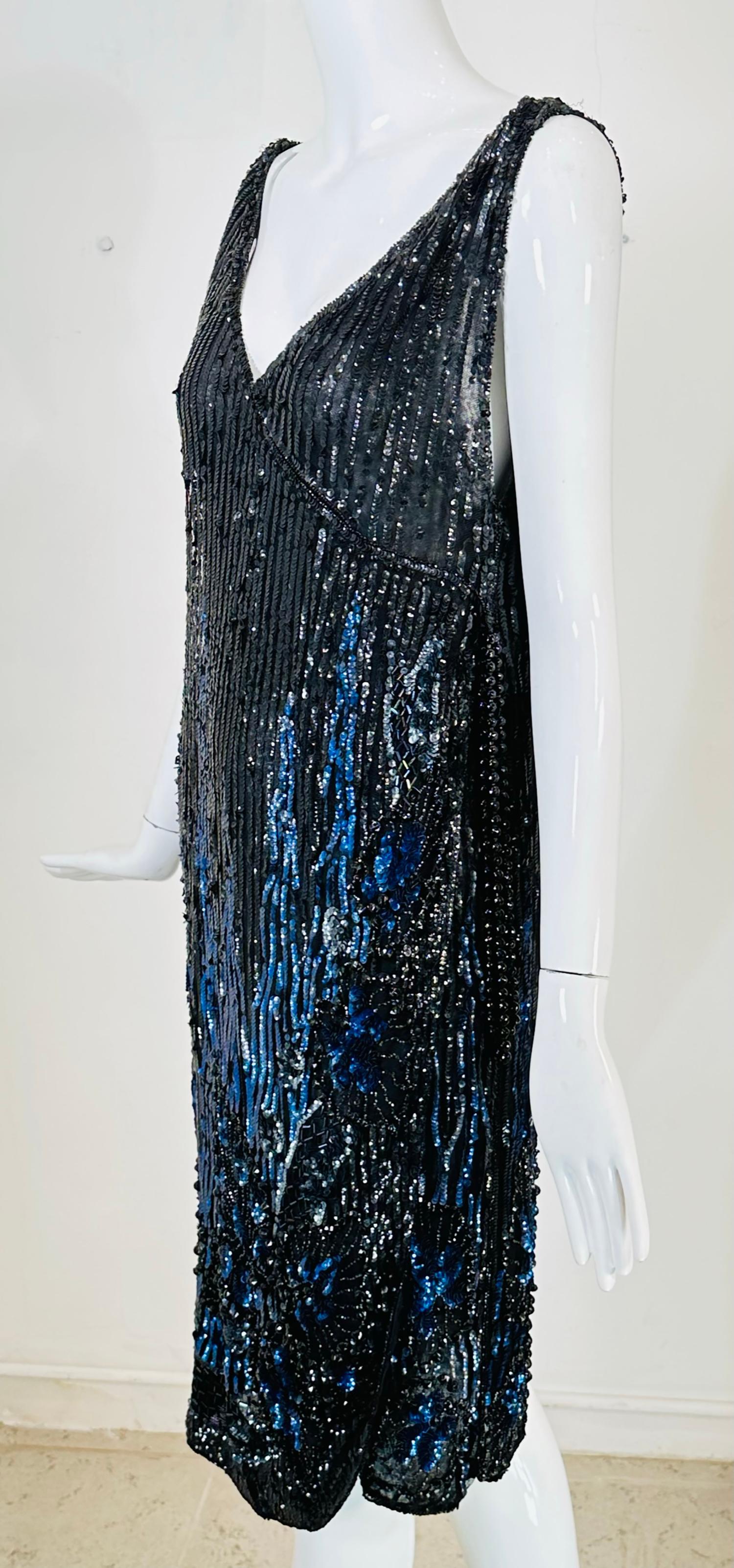 1920s Black & Blue Flame Sequin Flapper Dress For Sale 4
