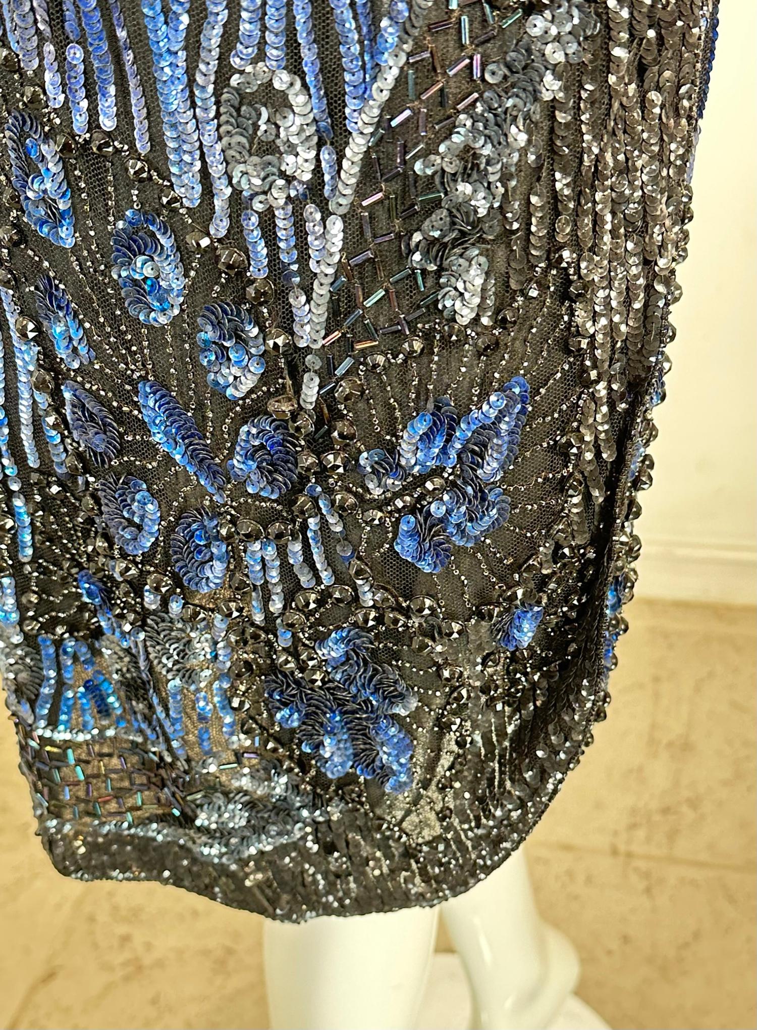 1920s Black & Blue Flame Sequin Flapper Dress For Sale 5