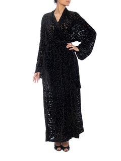 1920S Black Silk Burnout Velvet Wrap Robe With Interior Tie