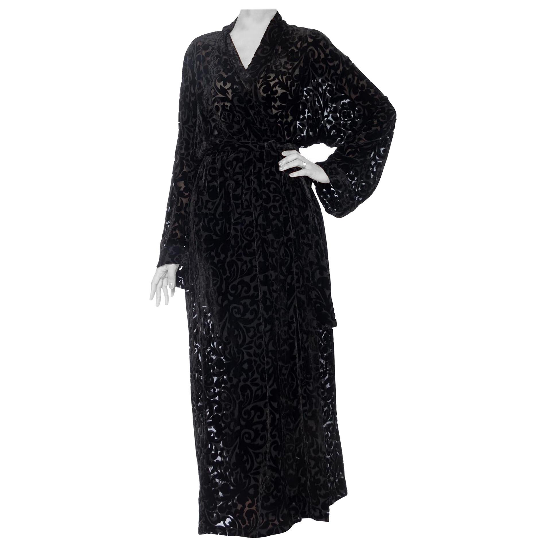 1920S Black Silk Burnout Velvet Wrap Robe With Interior Tie
