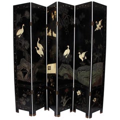 1920s Black Carved Japanese Screen with Architectural and Naturalistic Design