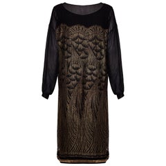 1920s Black Chiffon and Gold Lame Flapper Dress