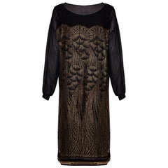 1920s Black Chiffon and Gold Lame Flapper Dress 