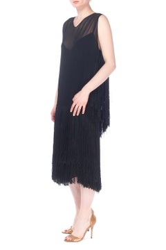 1920S Black Silk Chiffon Cocktail Dress With Fringe Skirt And Back Cape