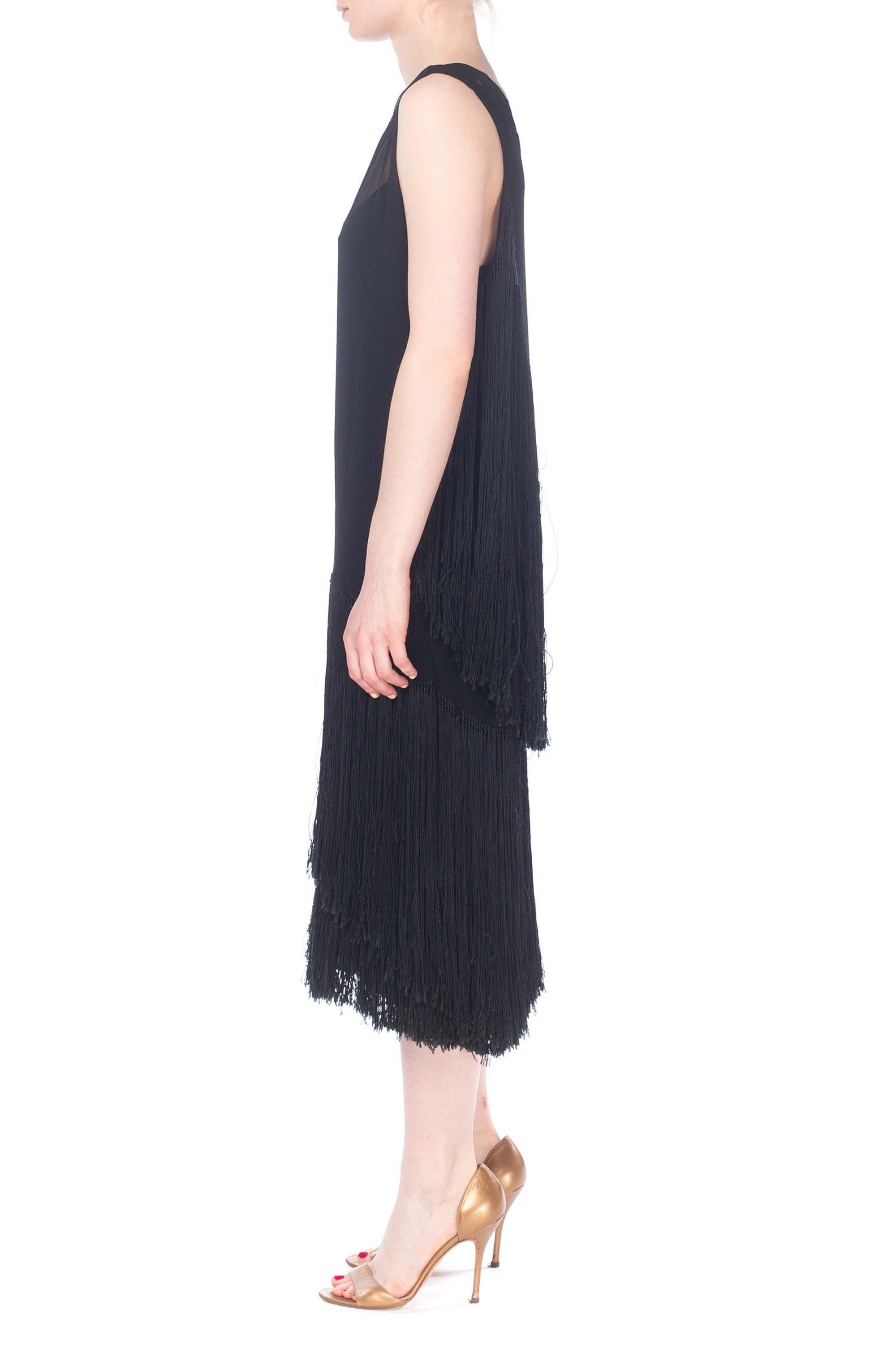 1920S Black Silk Chiffon Cocktail Dress With Fringe Skirt And Back Cape In Excellent Condition In New York, NY