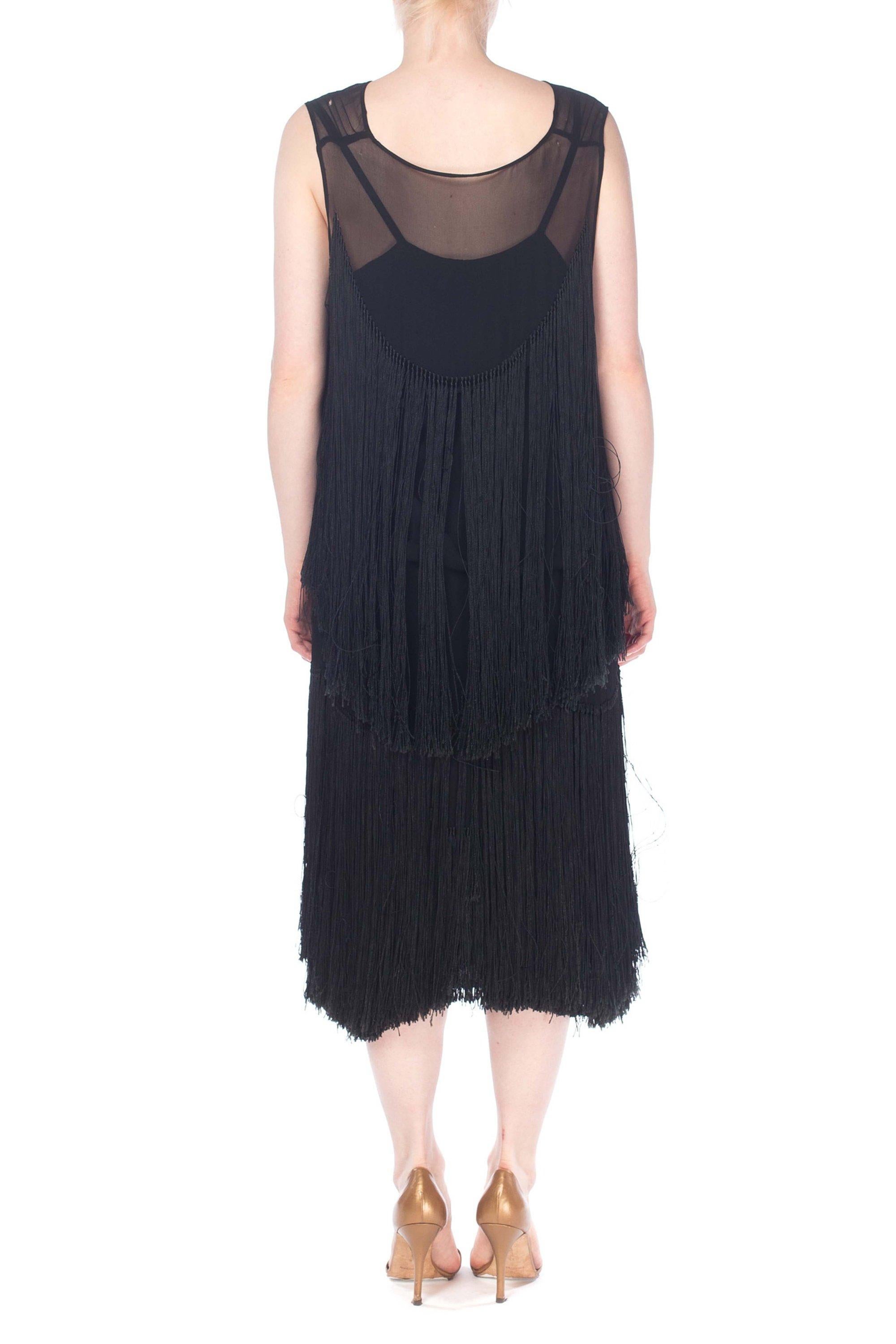 Women's 1920S Black Silk Chiffon Cocktail Dress With Fringe Skirt And Back Cape