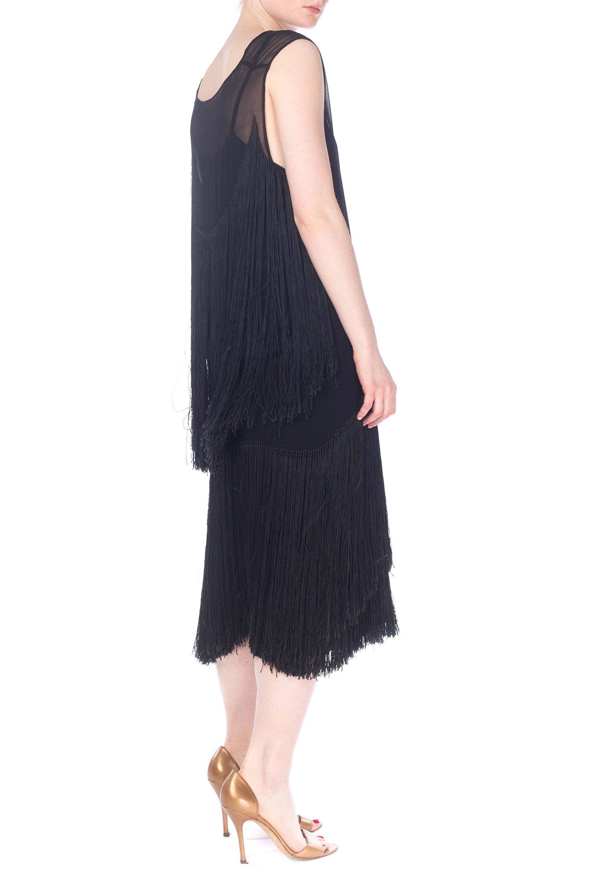 1920S Black Silk Chiffon Cocktail Dress With Fringe Skirt And Back Cape 1