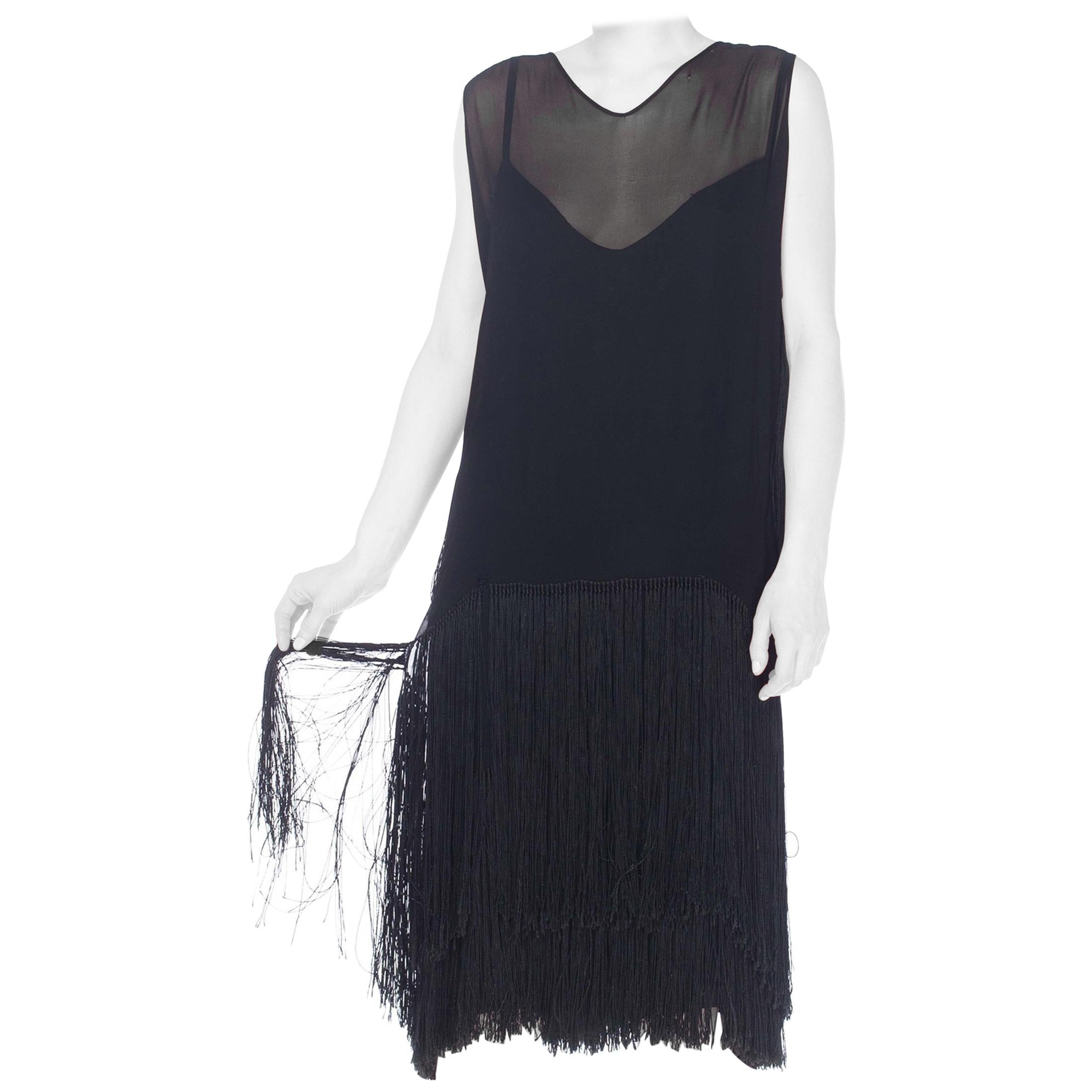 1920S Black Silk Chiffon Cocktail Dress With Fringe Skirt And Back Cape