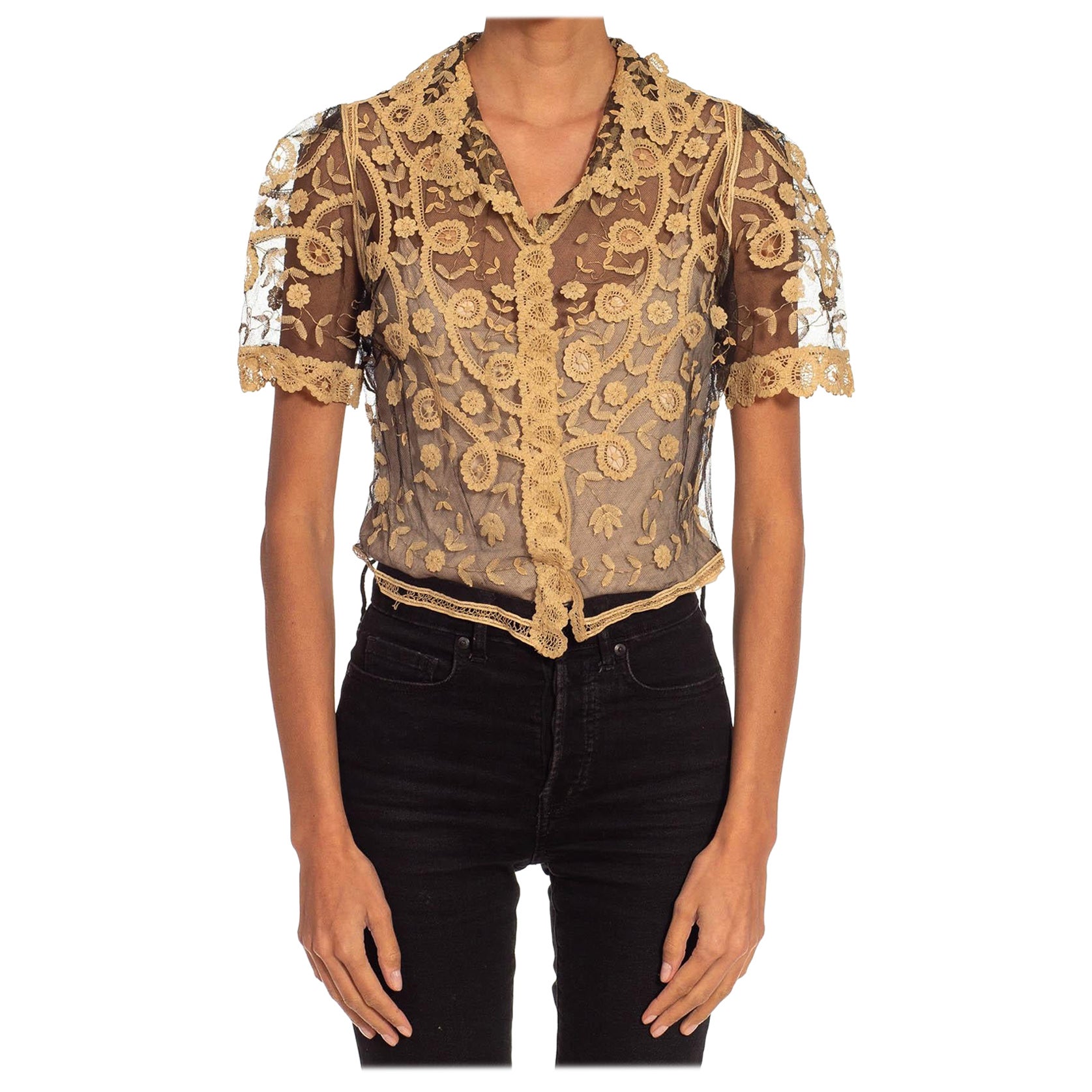 1920S Black 
Cream Floral Lace Mesh Short Sleeve Blouse