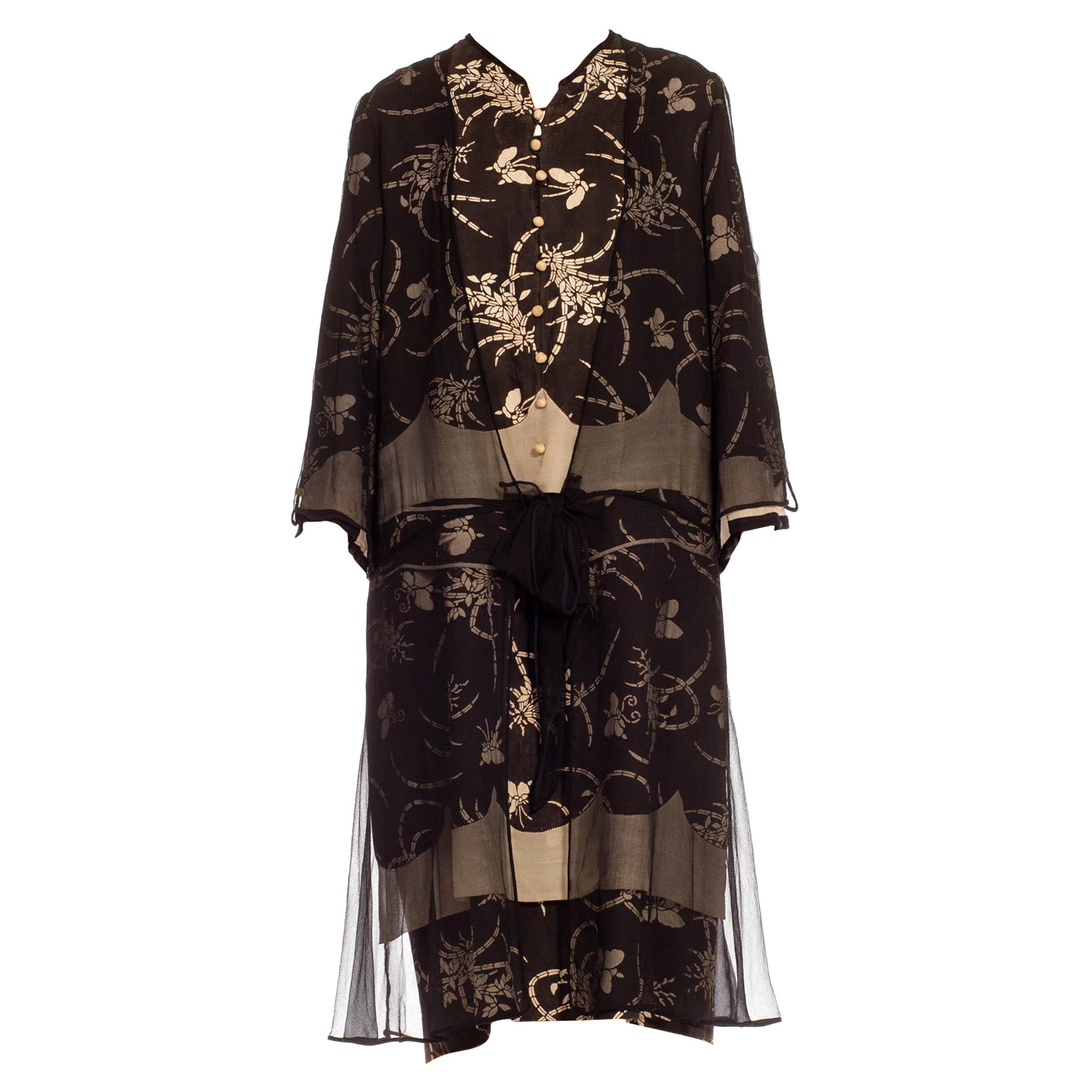 1920S Black & Cream Silk Chiffon Dress Made From Quing Dynasty Japanese Butterf For Sale