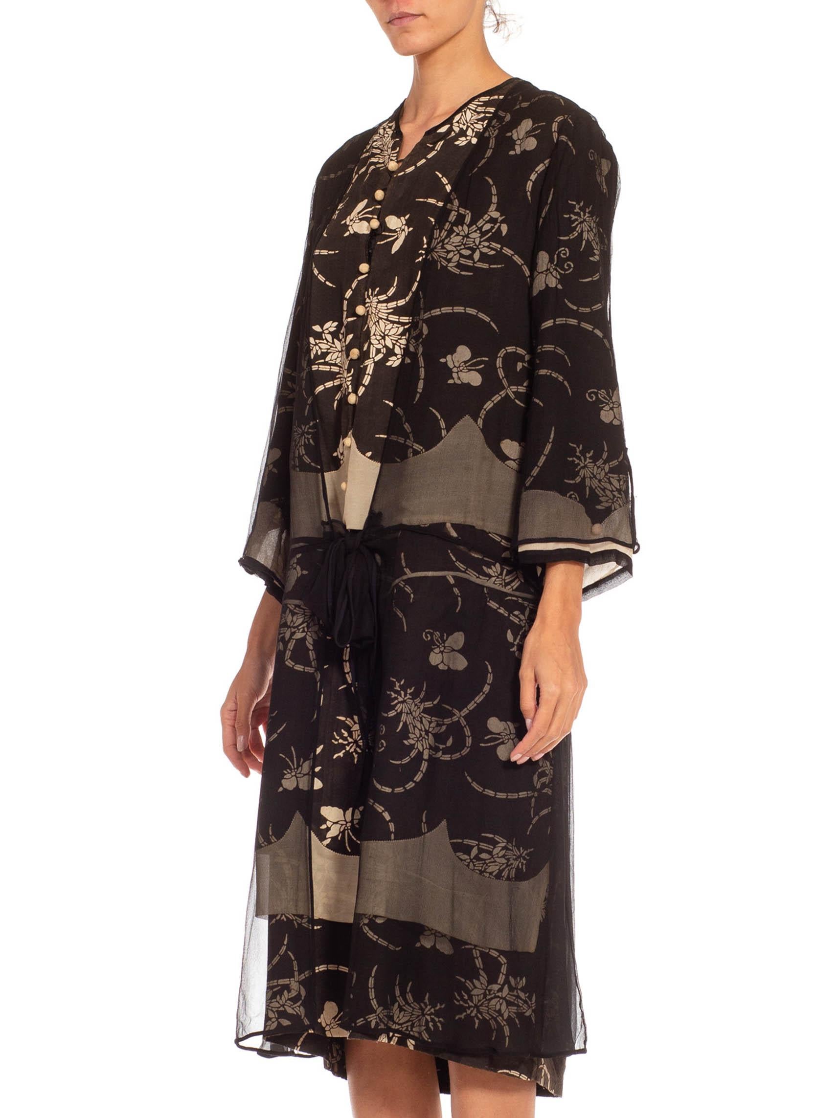 Women's 1920S Black & Cream Silk Chiffon Made From Quing Dynasty Japanese Butterfly Kim For Sale