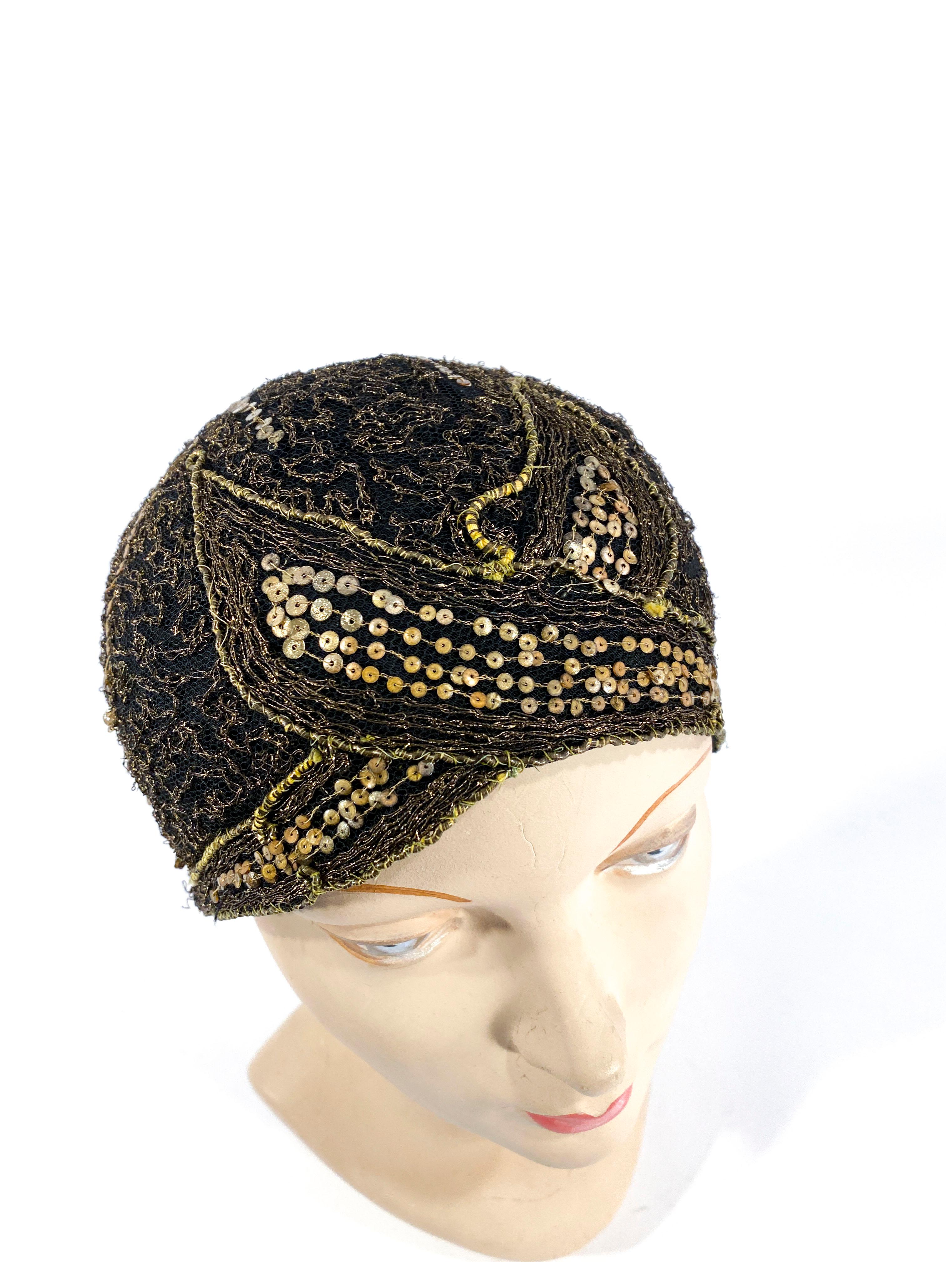 1920s Black Evening Cap with Lamé and Sequin 1