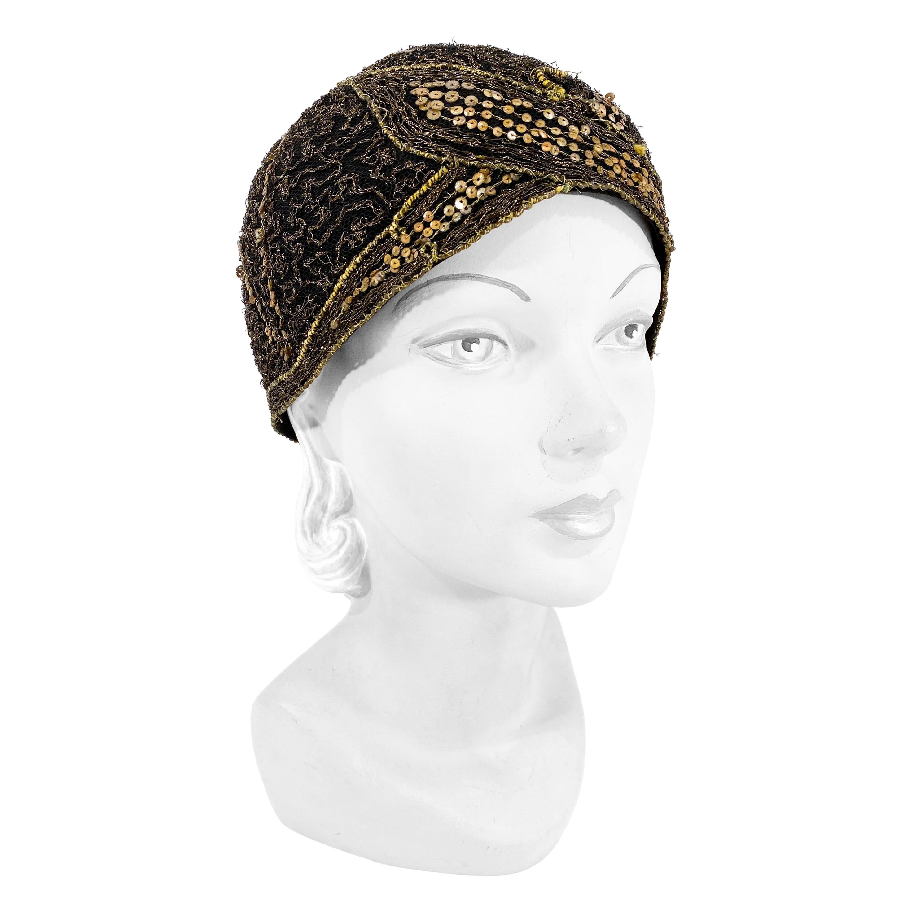 1920s Black Evening Cap with Lamé and Sequin