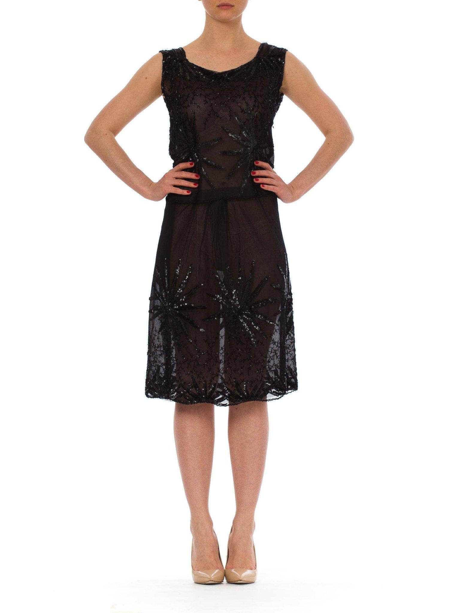 Sold as-is with some fabric issues 1920S Black Beaded Net Sheer Flapper Cocktail Dress With Large Sequined Flowers 