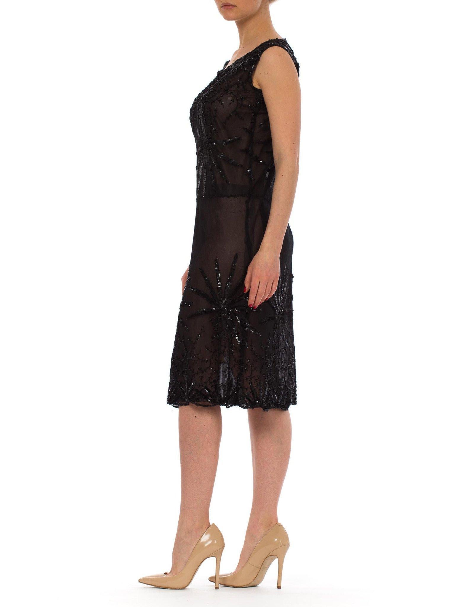 Women's 1920S Black Beaded Net Sheer Flapper Cocktail Dress With Large Sequined Flowers For Sale