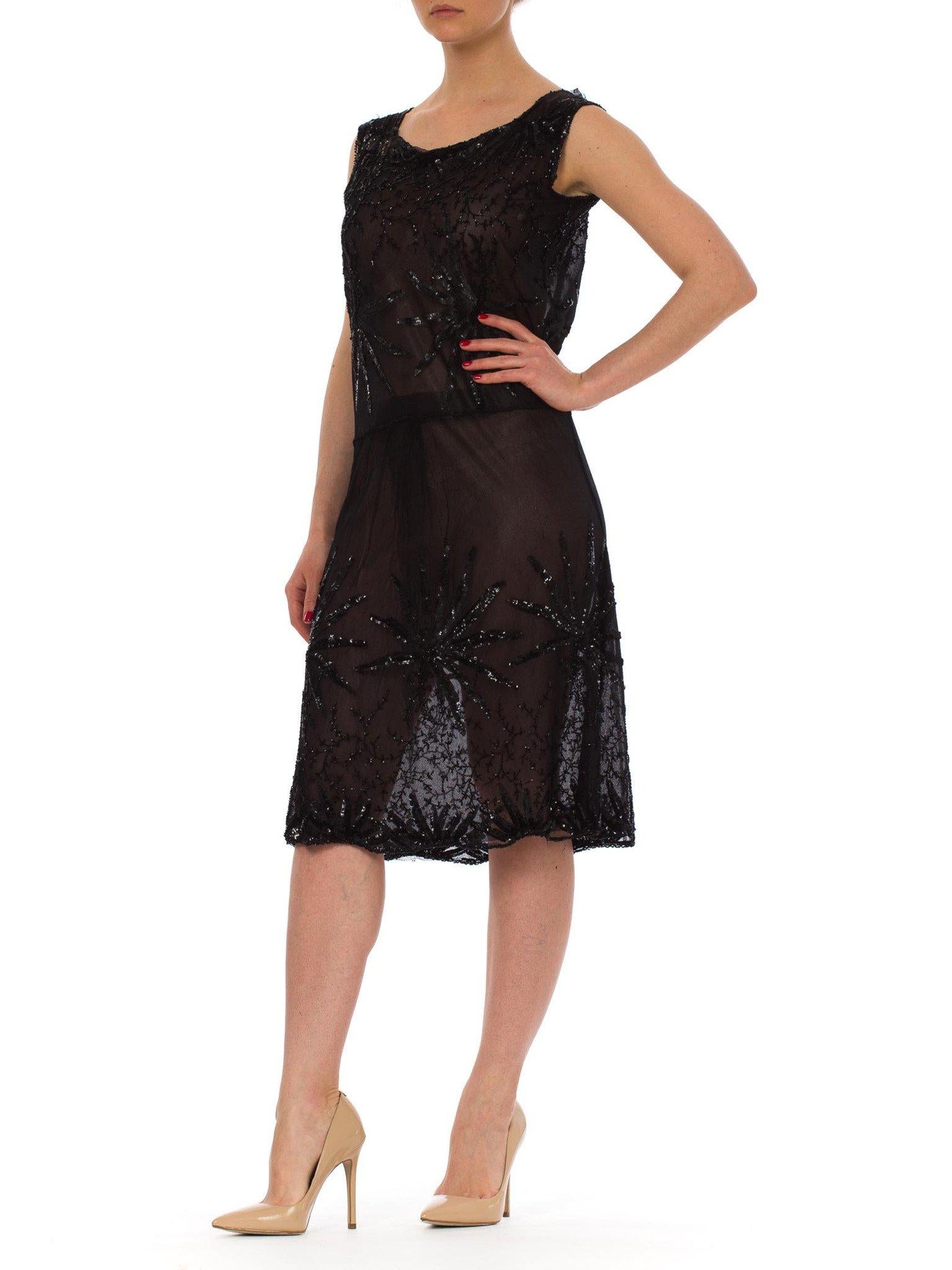 1920S Black Beaded Net Sheer Flapper Cocktail Dress With Large Sequined Flowers For Sale 1