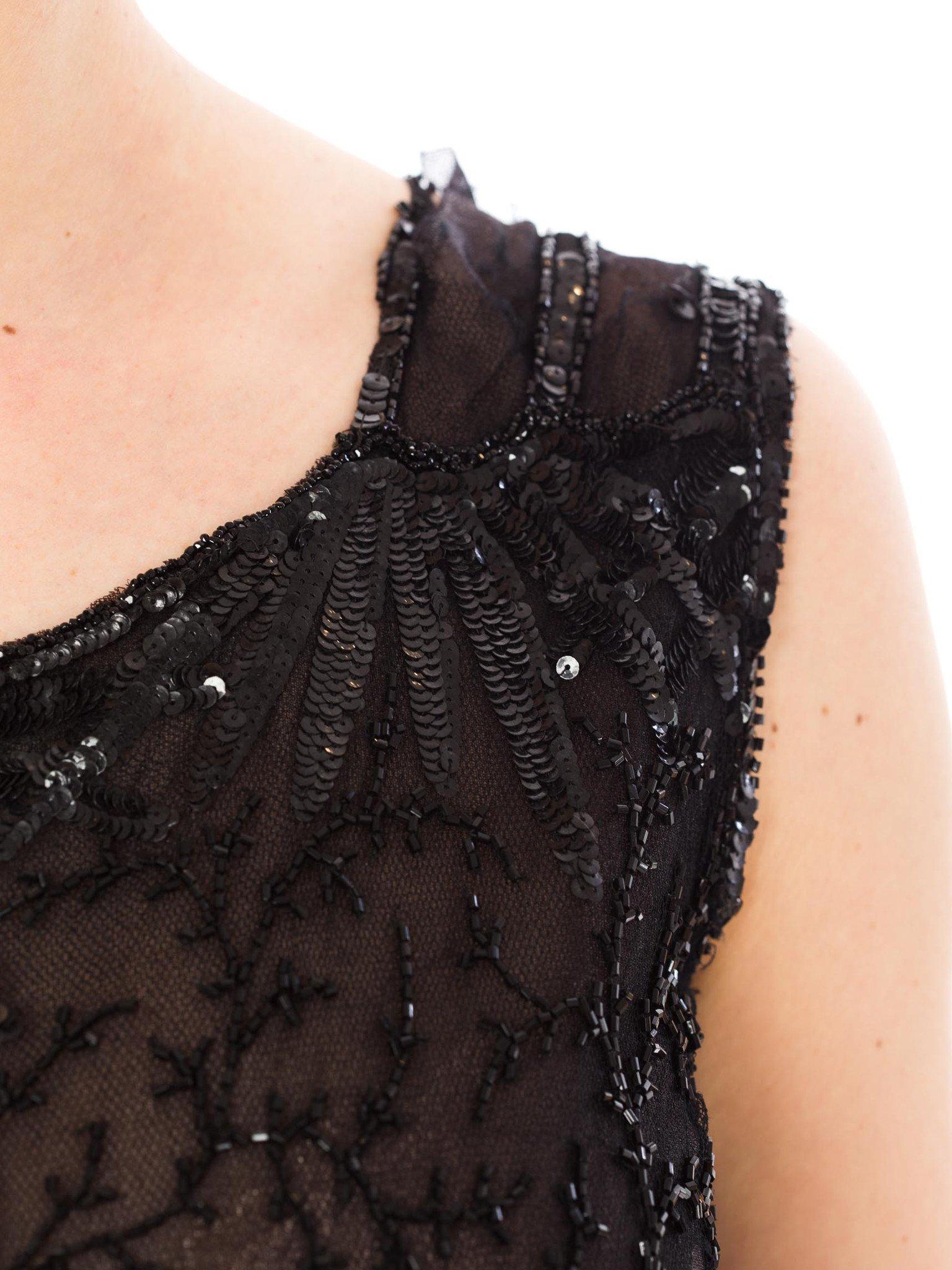 1920S Black Beaded Net Sheer Flapper Cocktail Dress With Large Sequined Flowers For Sale 2