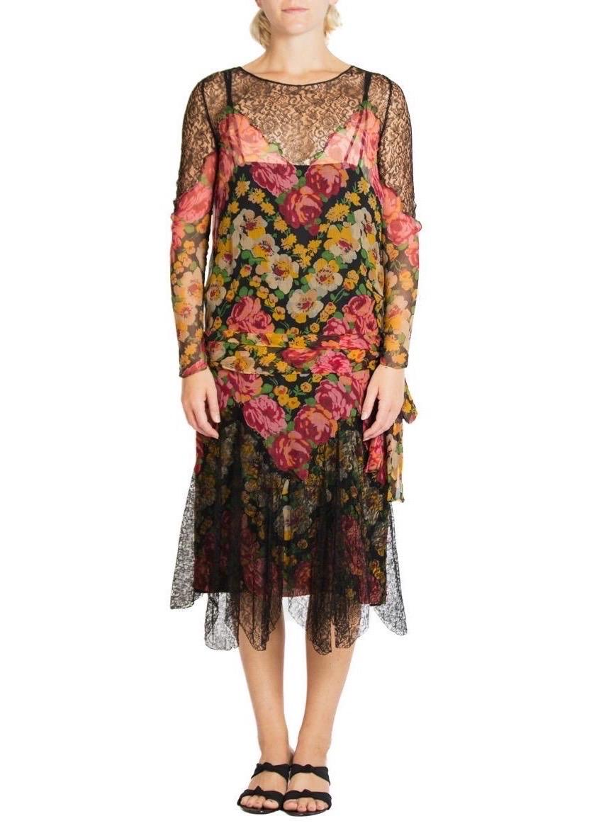 1920S Black & Floral Print Silk Chiffon And Lace Sheer Dress In Excellent Condition For Sale In New York, NY
