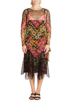 1920S Black & Floral Print Silk Chiffon And Lace Sheer Dress