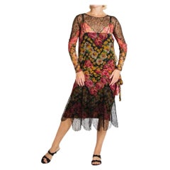 1920S Schwarz & Blumendruck Seide Chiffon und Spitze durchsichtiges Kleid