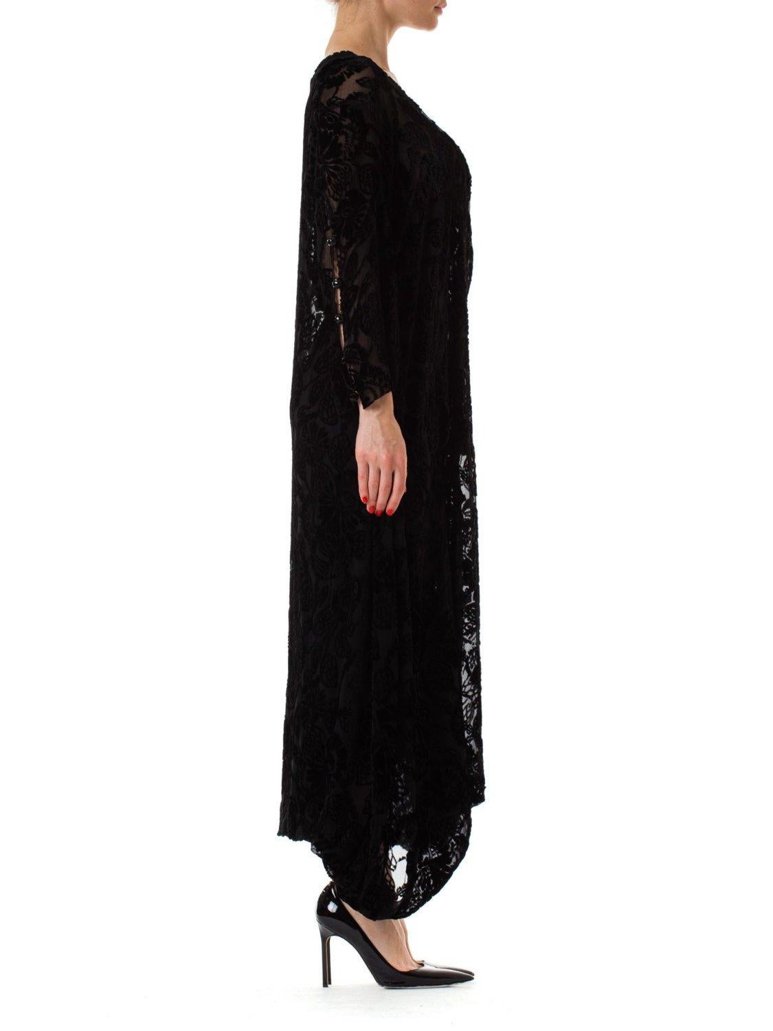 Women's 1920S Black Floral Silk Burnout Velvet Long Sleeve Sheer Dress For Sale