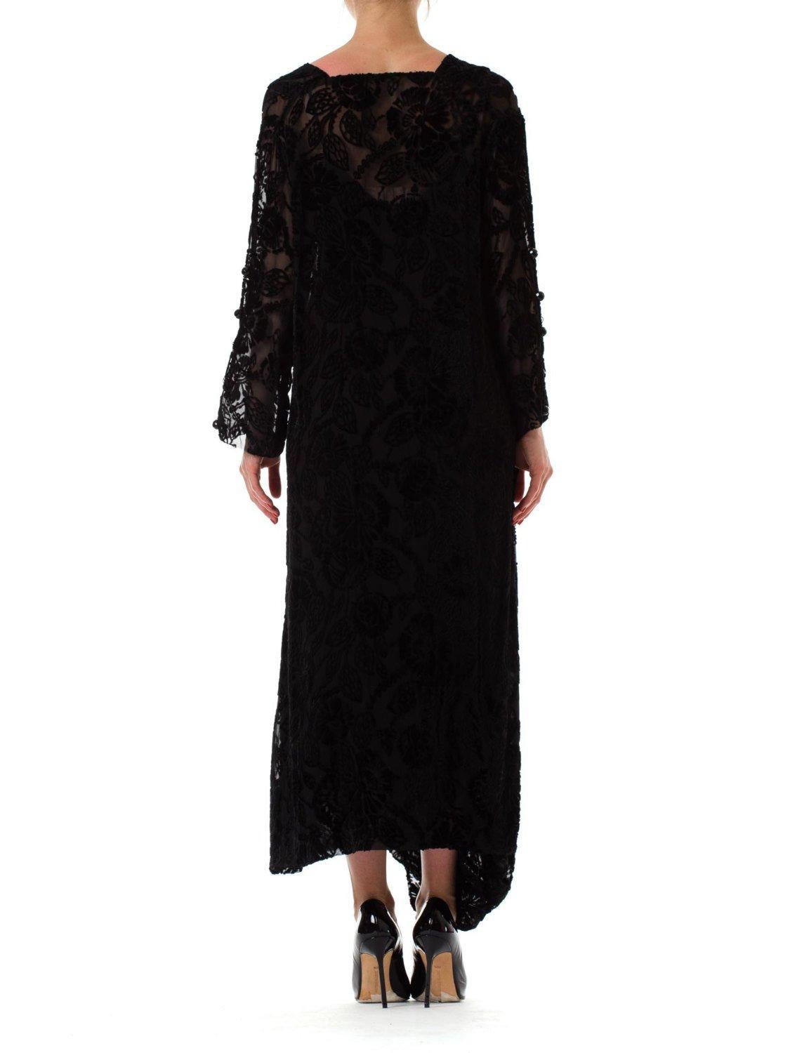 1920S Black Floral Silk Burnout Velvet Long Sleeve Sheer Dress For Sale 1