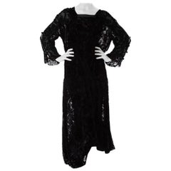 1920S Black Floral Silk Burnout Velvet Long Sleeve Sheer Dress
