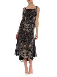 1920S Black Beaded Net Flapper Cocktail Dress With Silk Slip