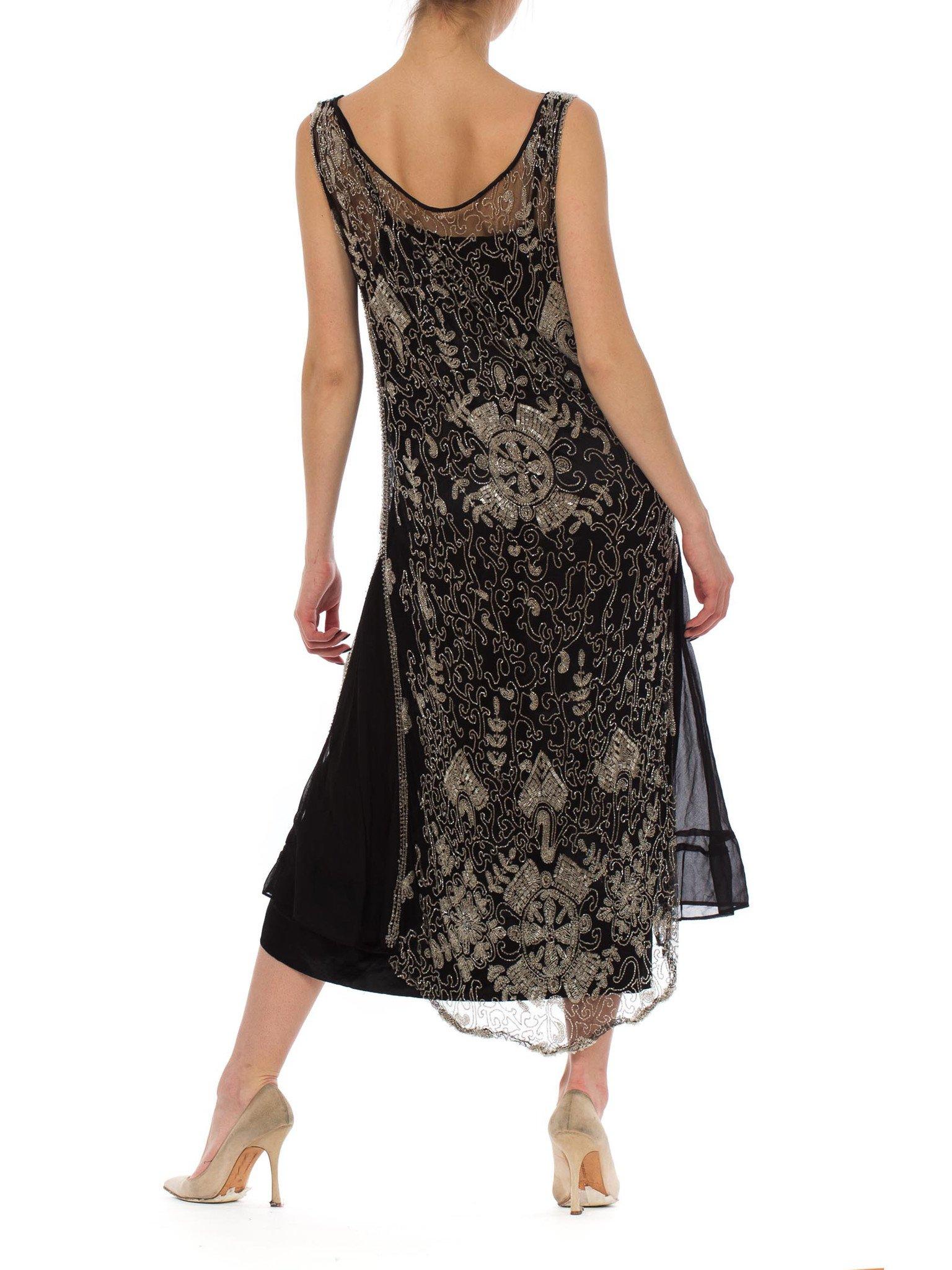 1920S Black Beaded Net Flapper Cocktail Dress With Silk Slip In Excellent Condition For Sale In New York, NY