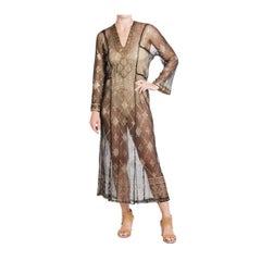 1920S Schwarz  & Gold Ägyptische Baumwolle Assuit Transparenter Kaftan
