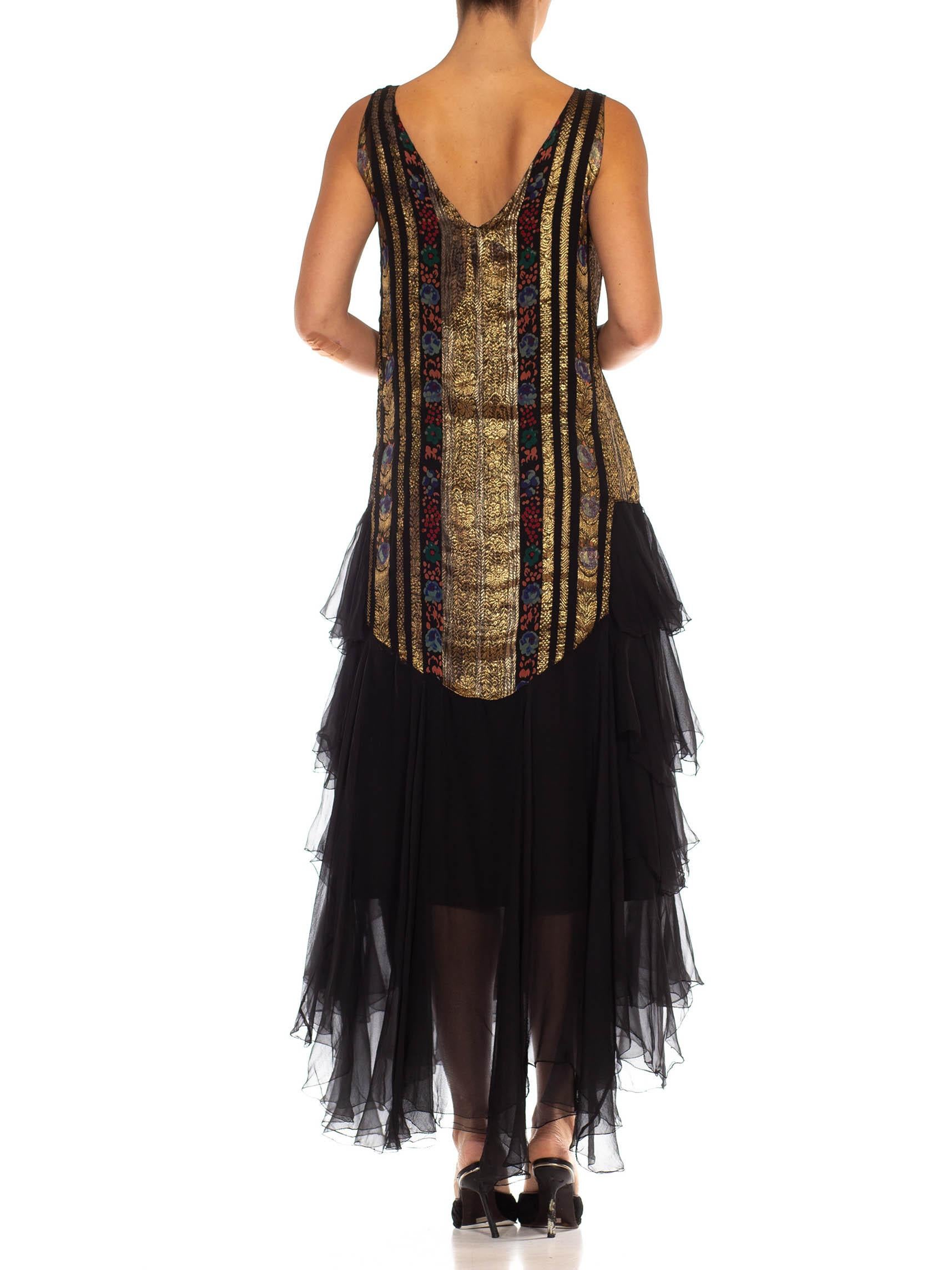 1920S Black & Gold Silk Lamé Chiffon Side Ruffle Tiered Gown For Sale 1