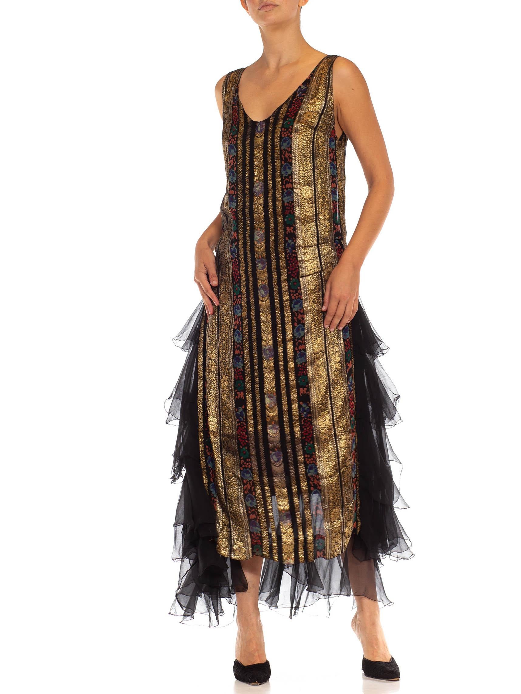 1920S Black & Gold Silk Lamé Chiffon Side Ruffle Tiered Gown For Sale 3