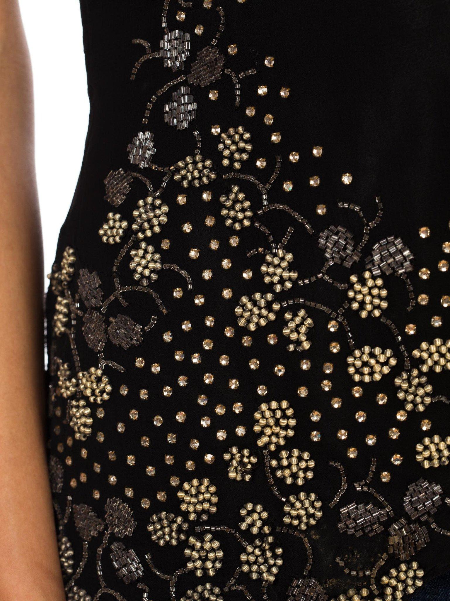 1920S Black Hand Beaded Silk Chiffon Cap Sleeve Blouse With Crystals For Sale 1