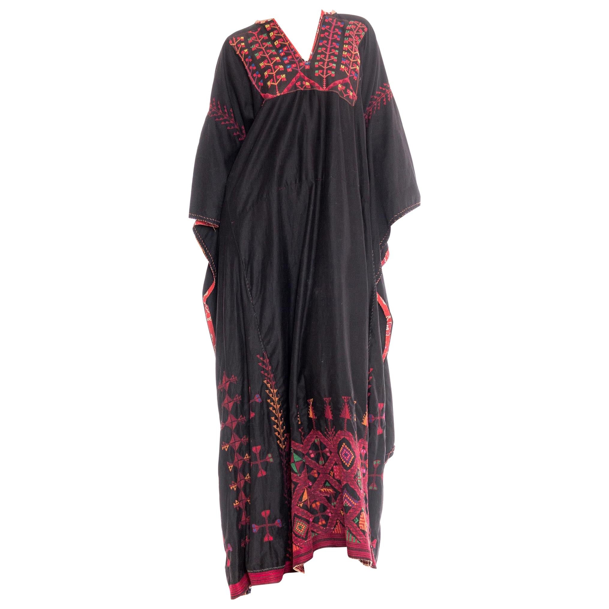 1920S Black Hand Embroidered Cotton Kaftan With Medieval Sleeves at 1stDibs