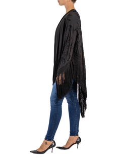 1920S Black Hand Embroidered Wool Blend Piano Shawl Style Jacket With Fringe