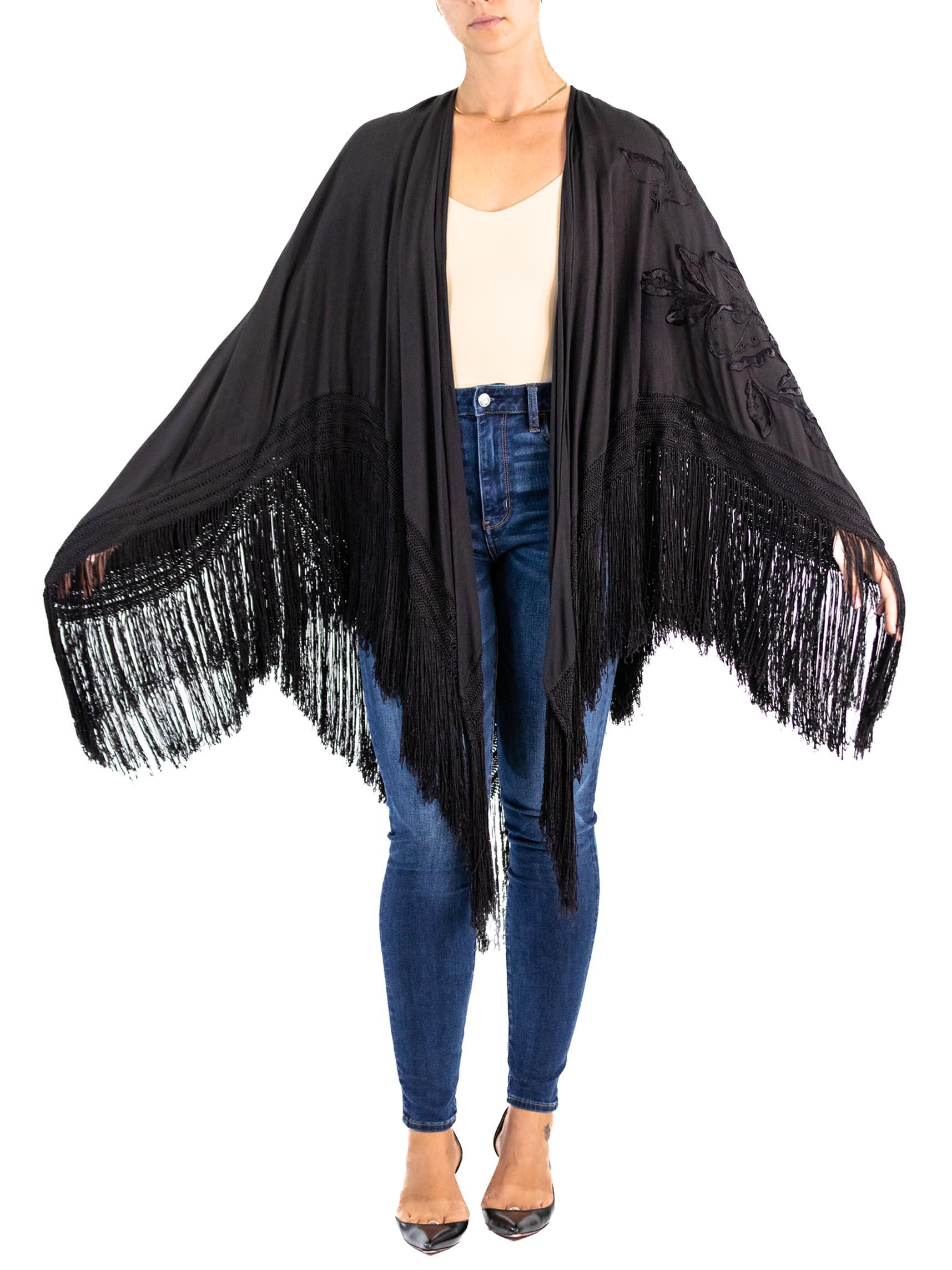 1920S Black Hand Embroidered Wool Blend Piano Shawl Style Jacket With Fringe For Sale 2