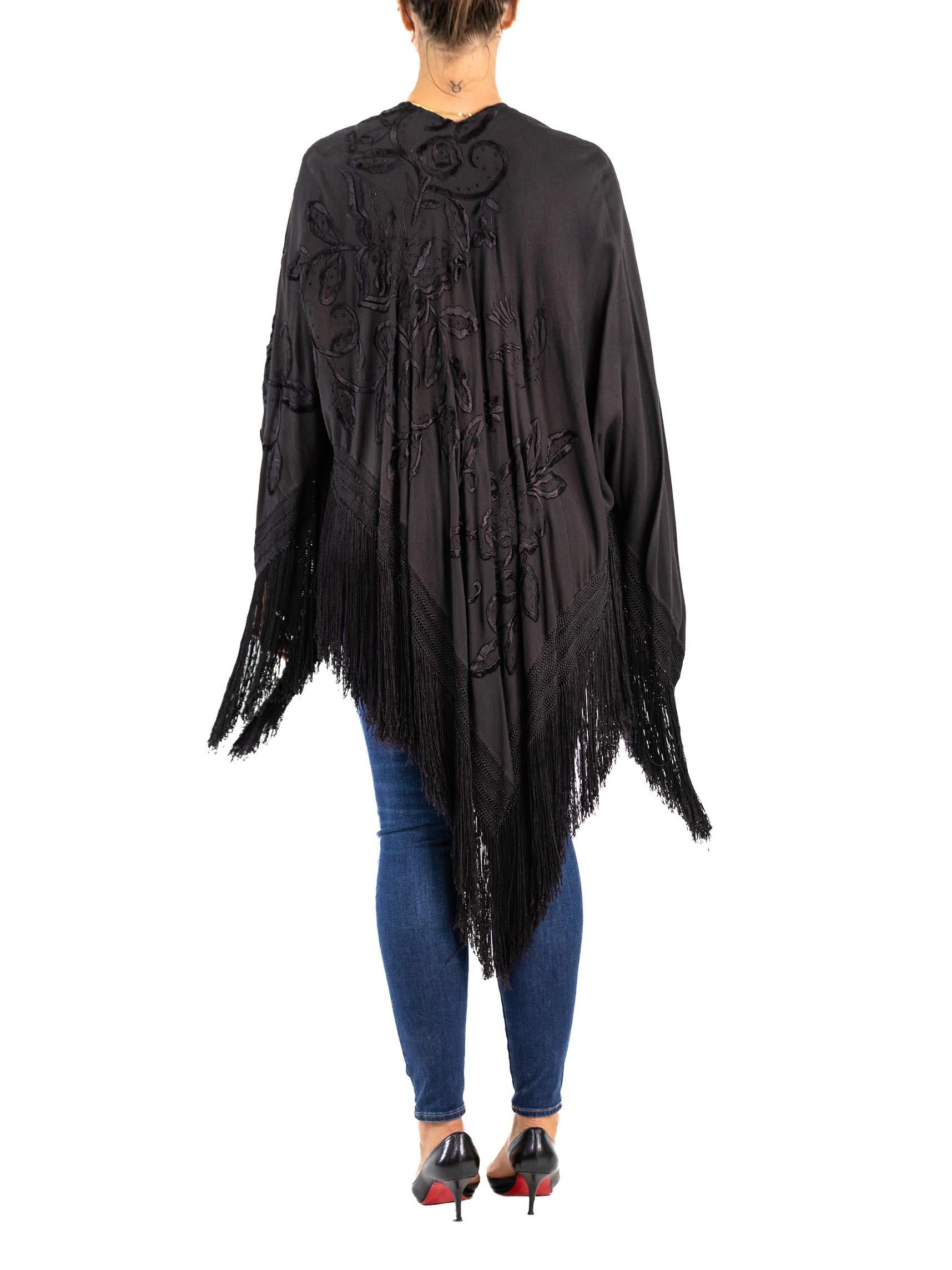 1920S Black Hand Embroidered Wool Blend Piano Shawl Style Jacket With Fringe For Sale 5