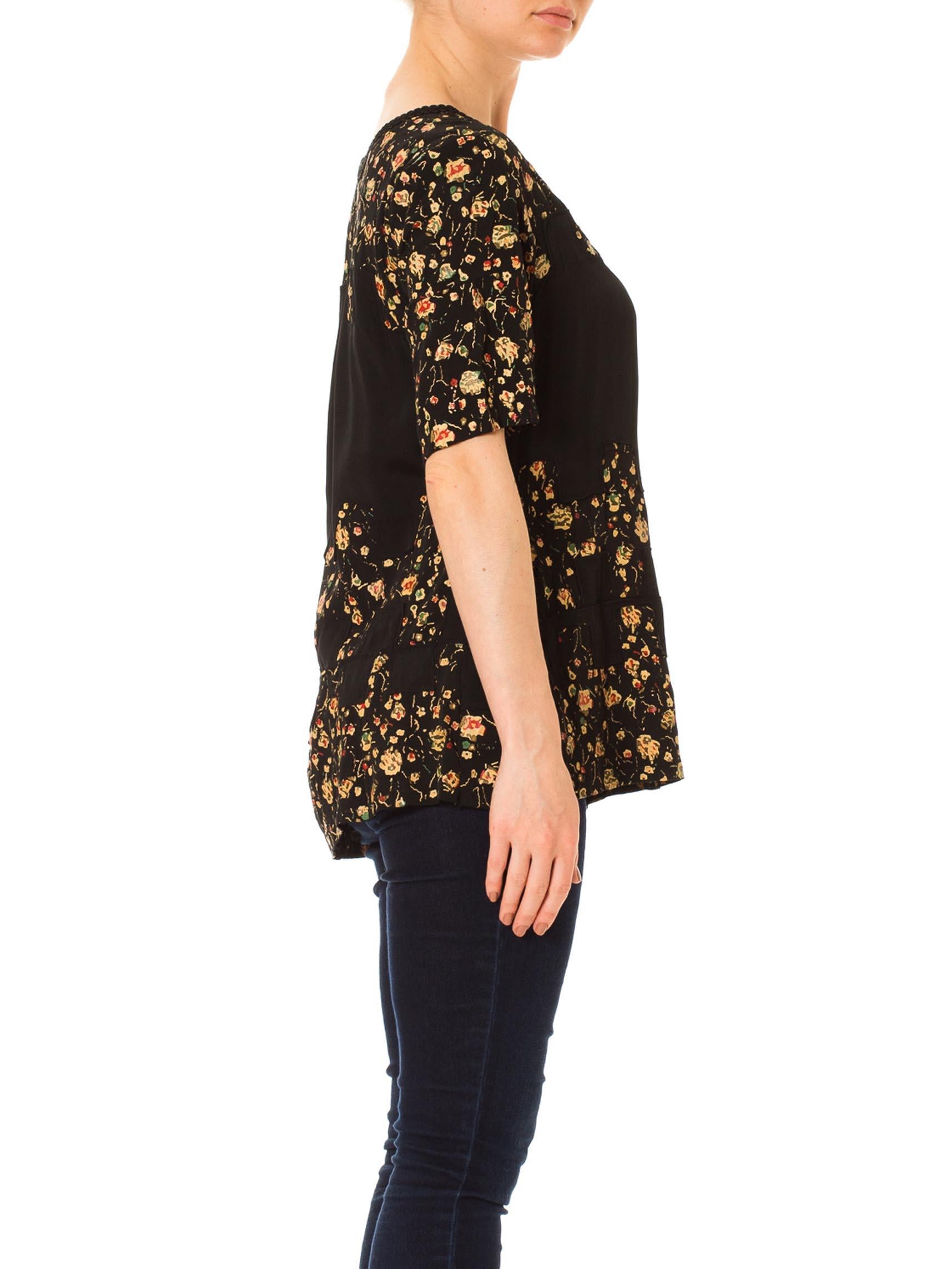 1920S Black Hand Painted Rayon Faille Floral Top In Excellent Condition For Sale In New York, NY