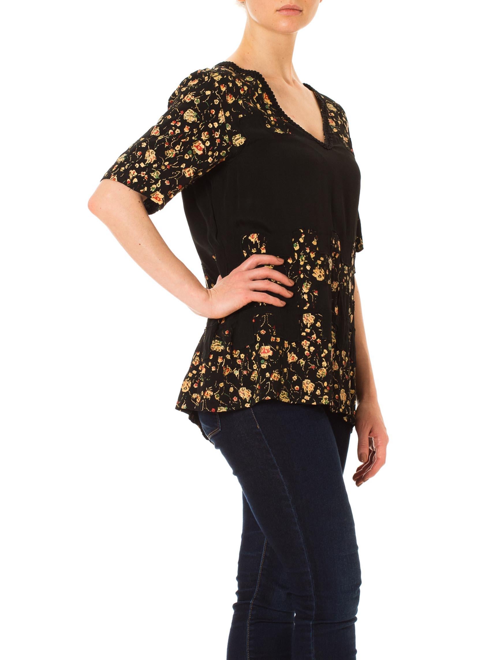 Women's 1920S Black Hand Painted Rayon Faille Floral Top For Sale