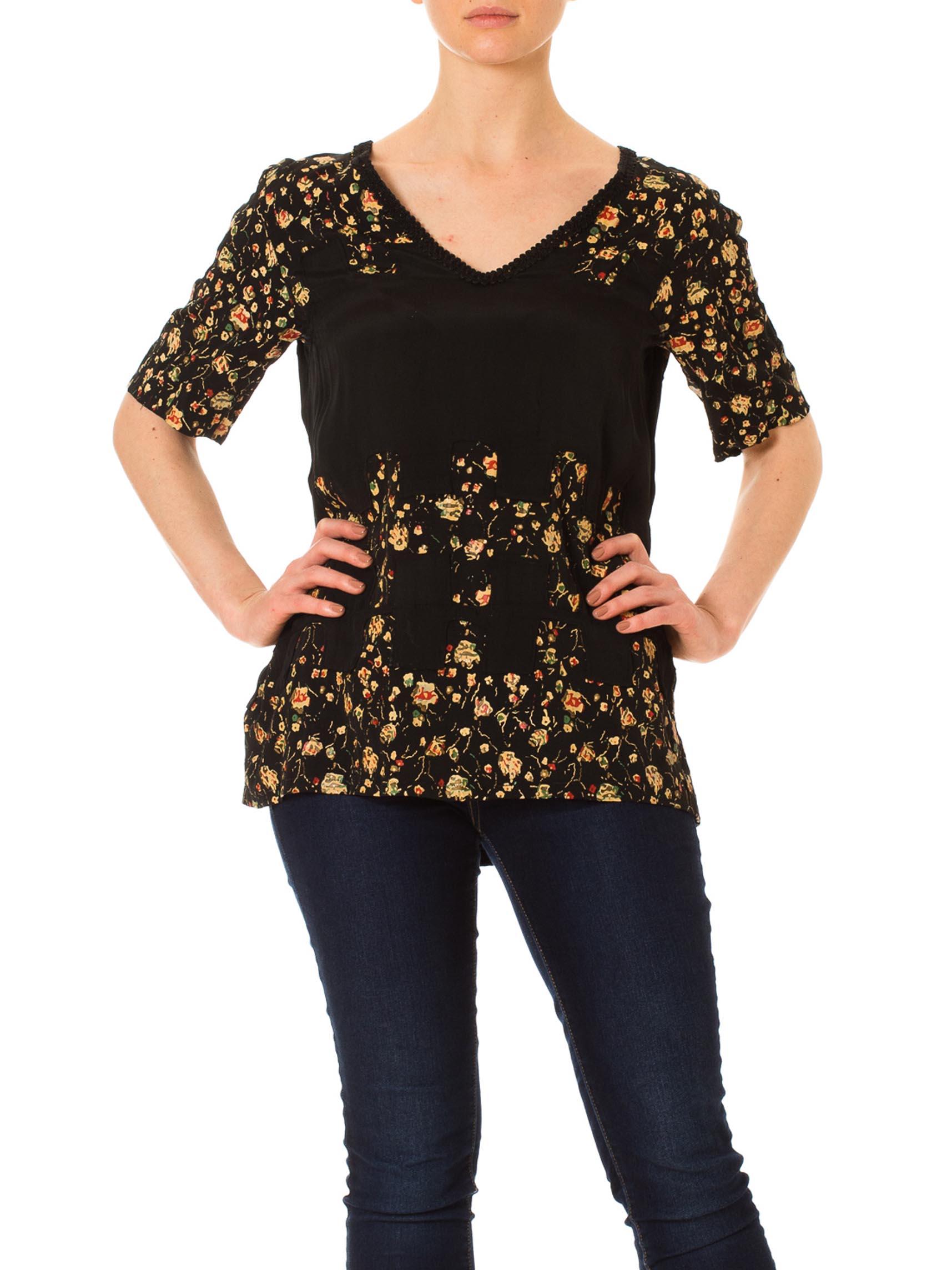 1920S Black Hand Painted Rayon Faille Floral Top For Sale 1