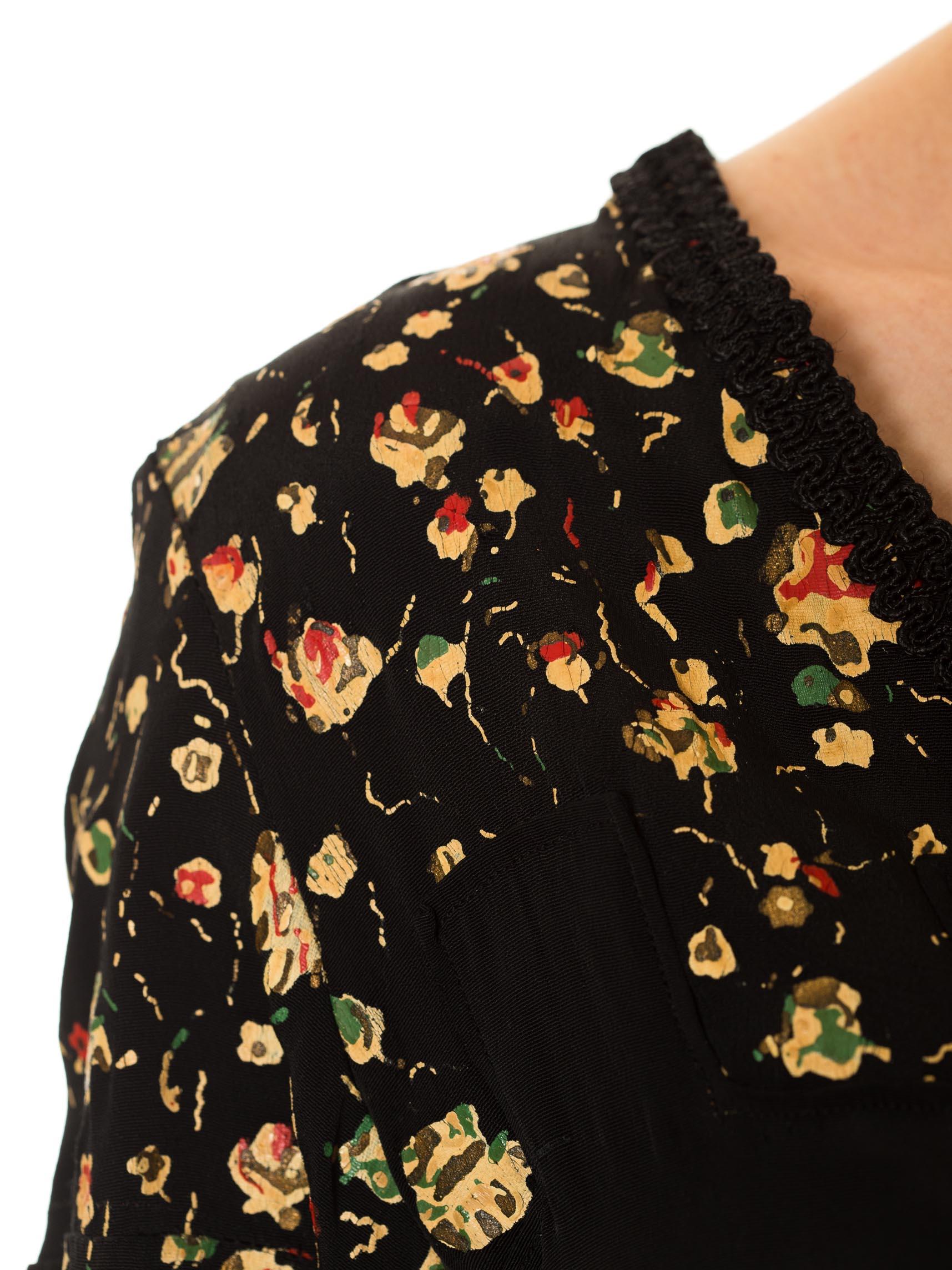 1920S Black Hand Painted Rayon Faille Floral Top For Sale 4