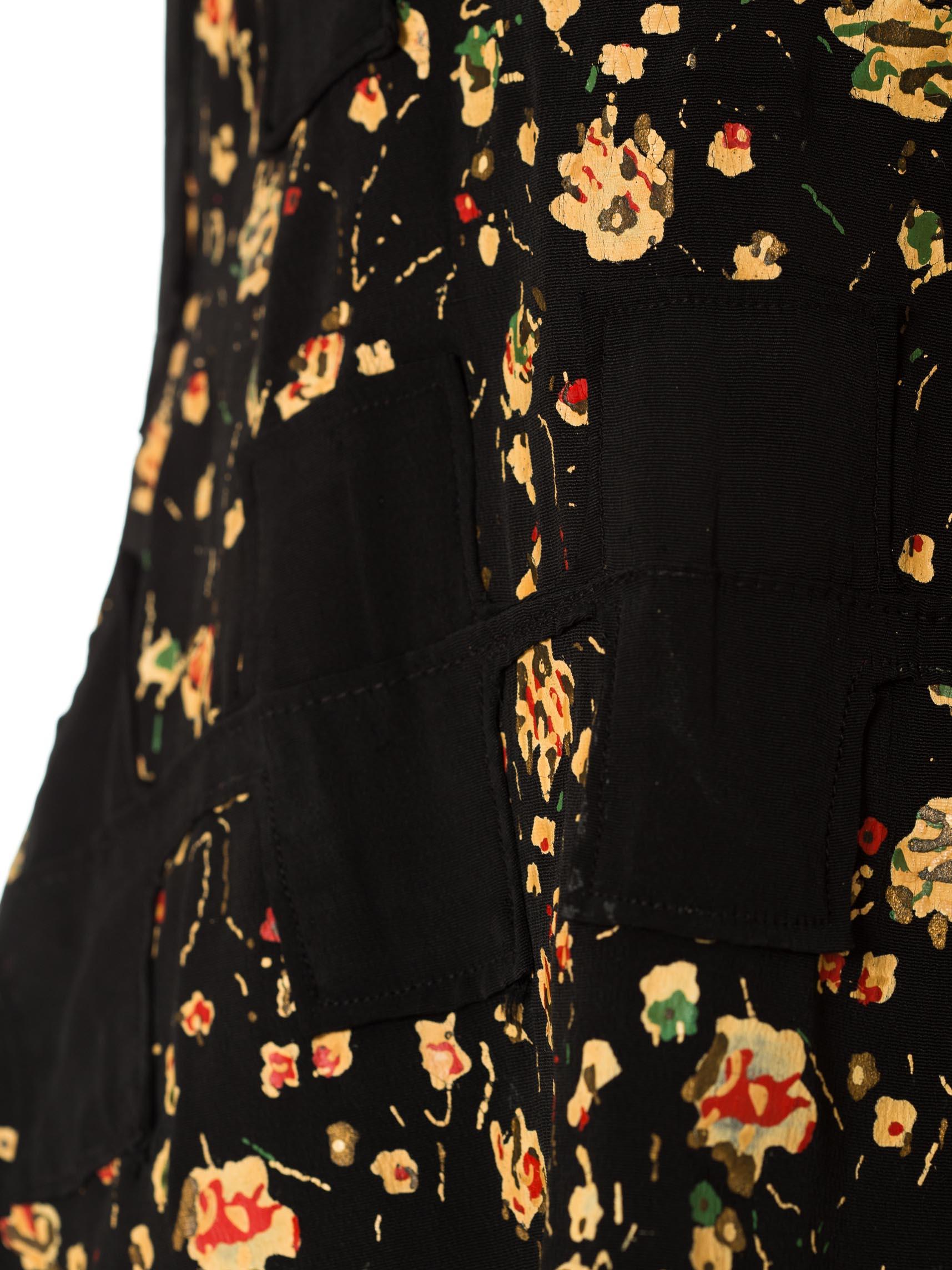 1920S Black Hand Painted Rayon Faille Floral Top For Sale 5