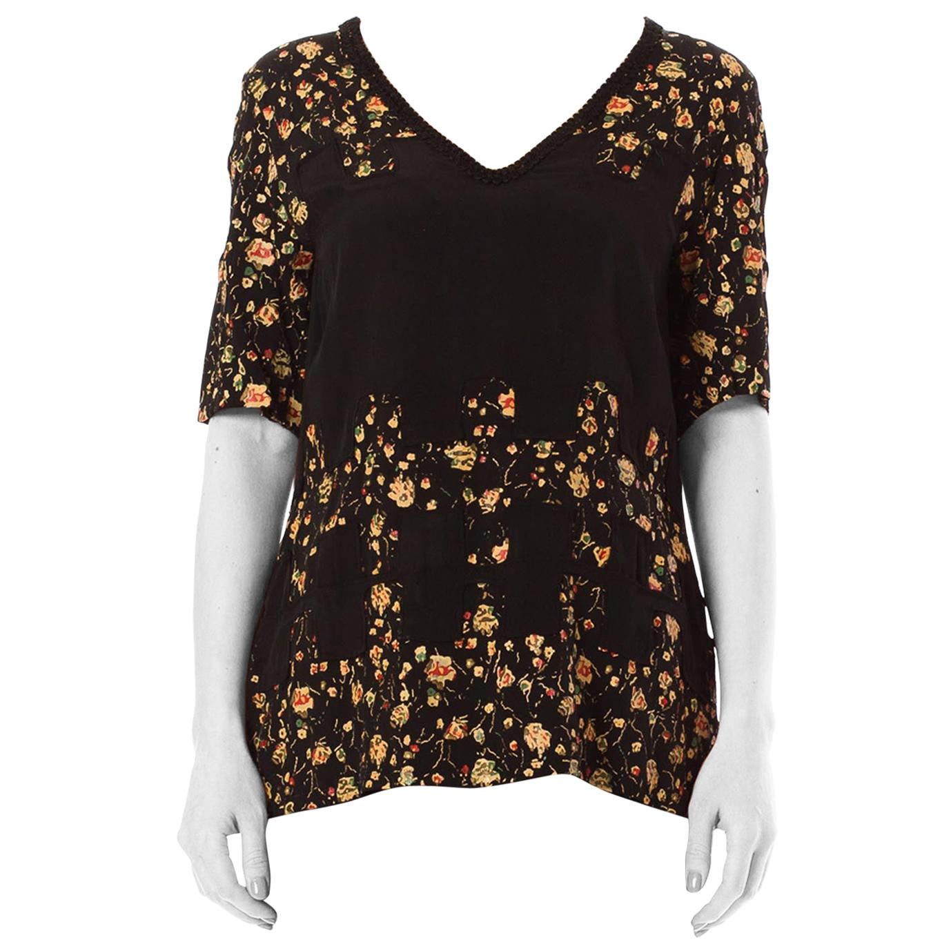 1920S Black Hand Painted Rayon Faille Floral Top For Sale