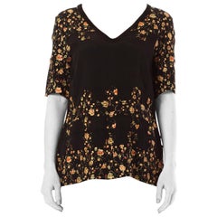 1920S Black Hand Painted Rayon Faille Floral Top