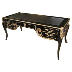 1920s Black Lacquered French Desk with Ormolu Detailing