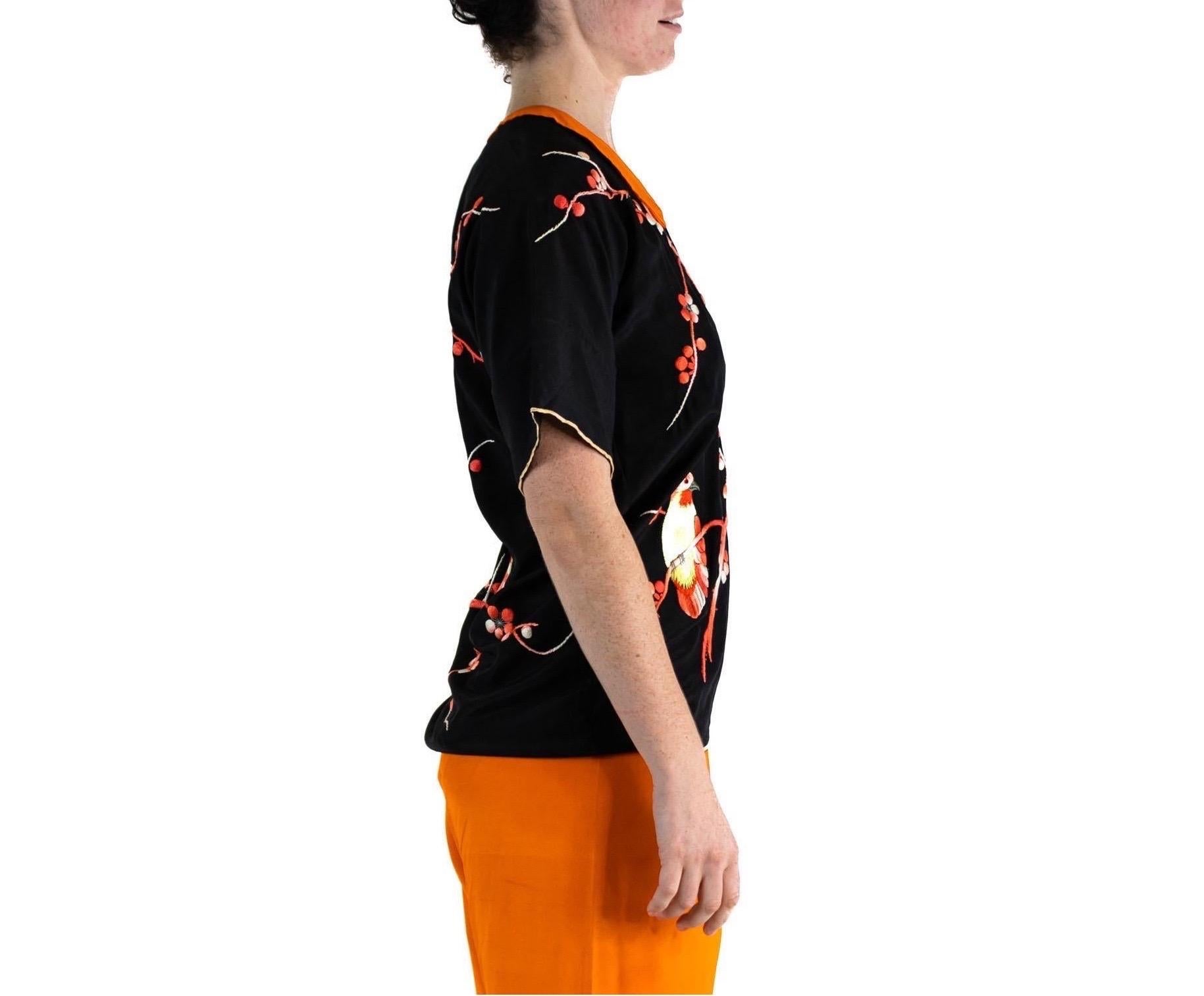 Women's or Men's 1920S Black & Orange Silk Top Hands Embroidered With Birds For Sale